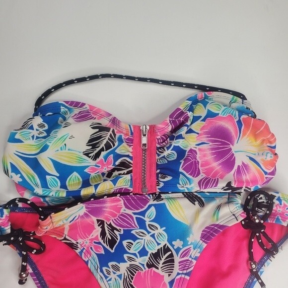 Hobie neon tropical print string bikini with zipper top large & bottom small - Picture 5 of 12